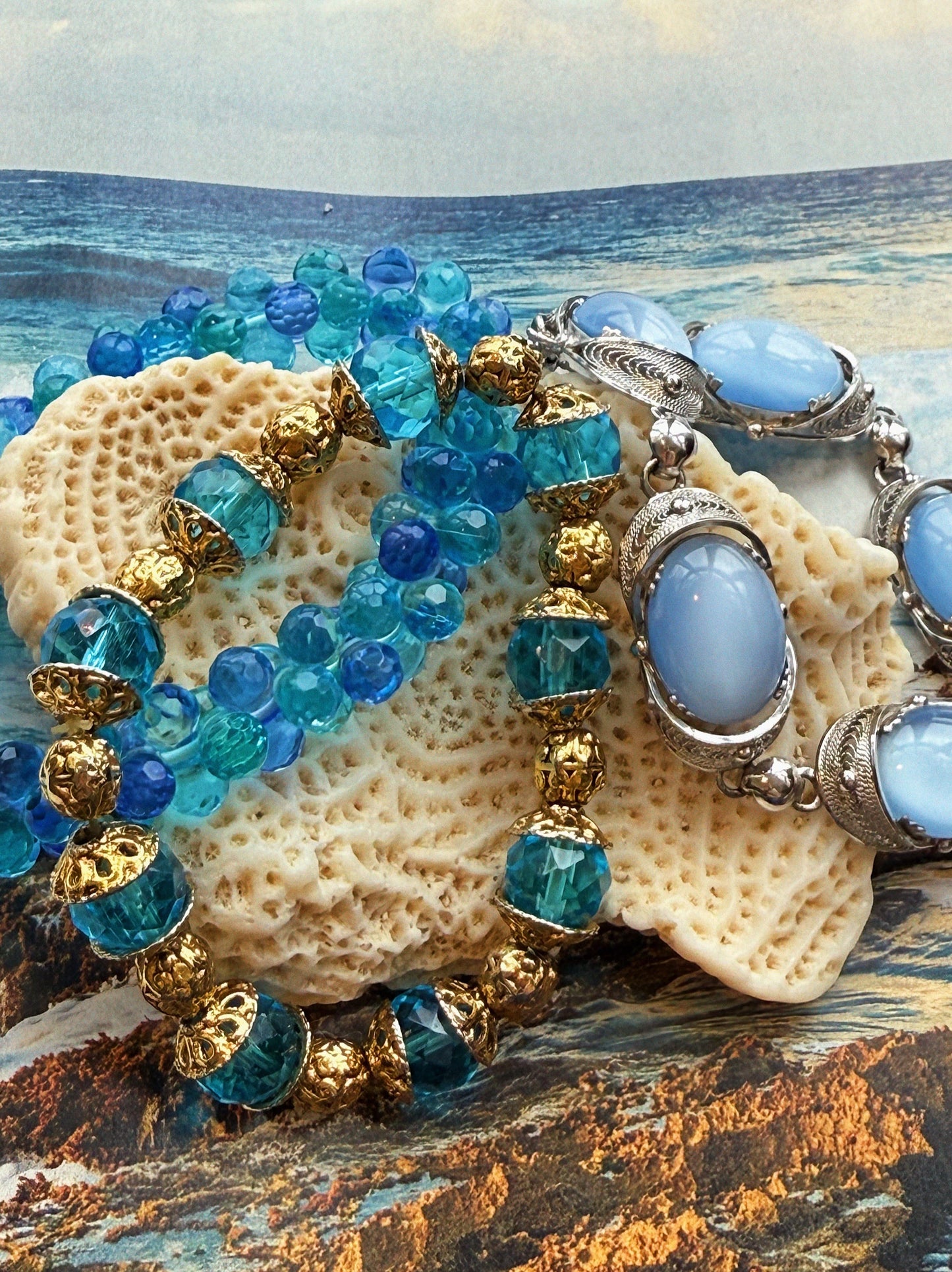 Vintage Alice Caviness Blue Moonstone Glass Bracelet with Silver Filigree