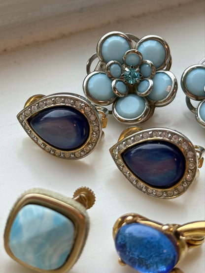 "Raindrop" Blue Moonstone-Like Cabochon Gold Tone Clip-On Earrings with Rhinestones