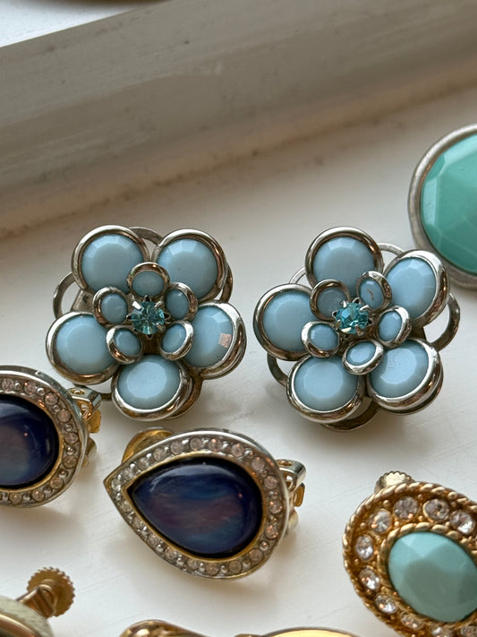 "Blue Bloom" Vintage Silver Toned Clip On Earrings with Gem