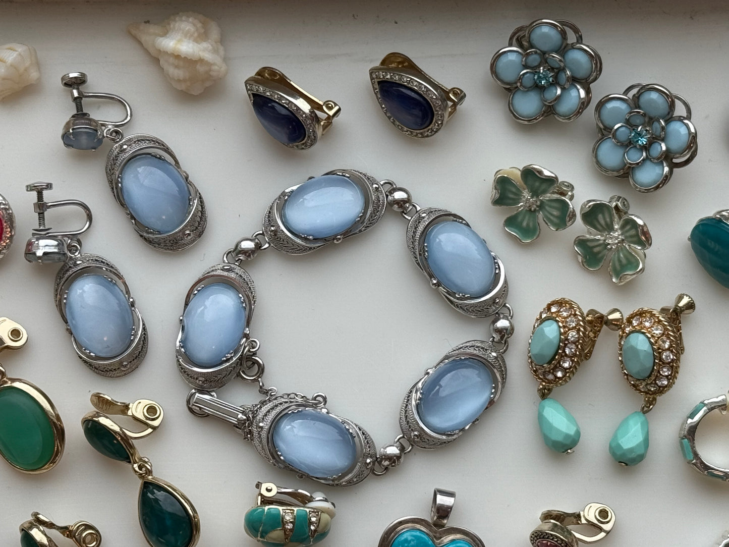 Vintage Alice Caviness Blue Moonstone Glass Bracelet with Silver Filigree