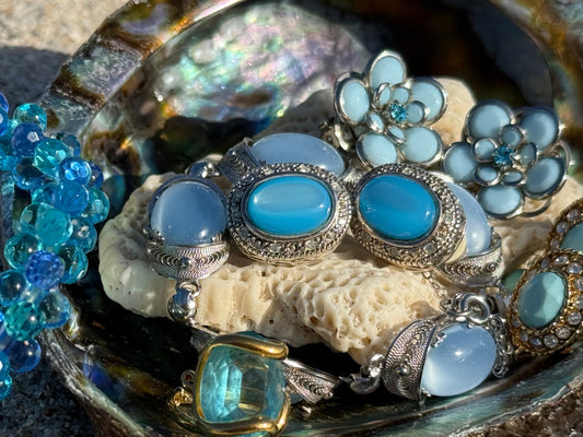 "Glowing Waters" Vintage Clip-On Earrings with Blue Cabochon and Rhinestones Signed Best