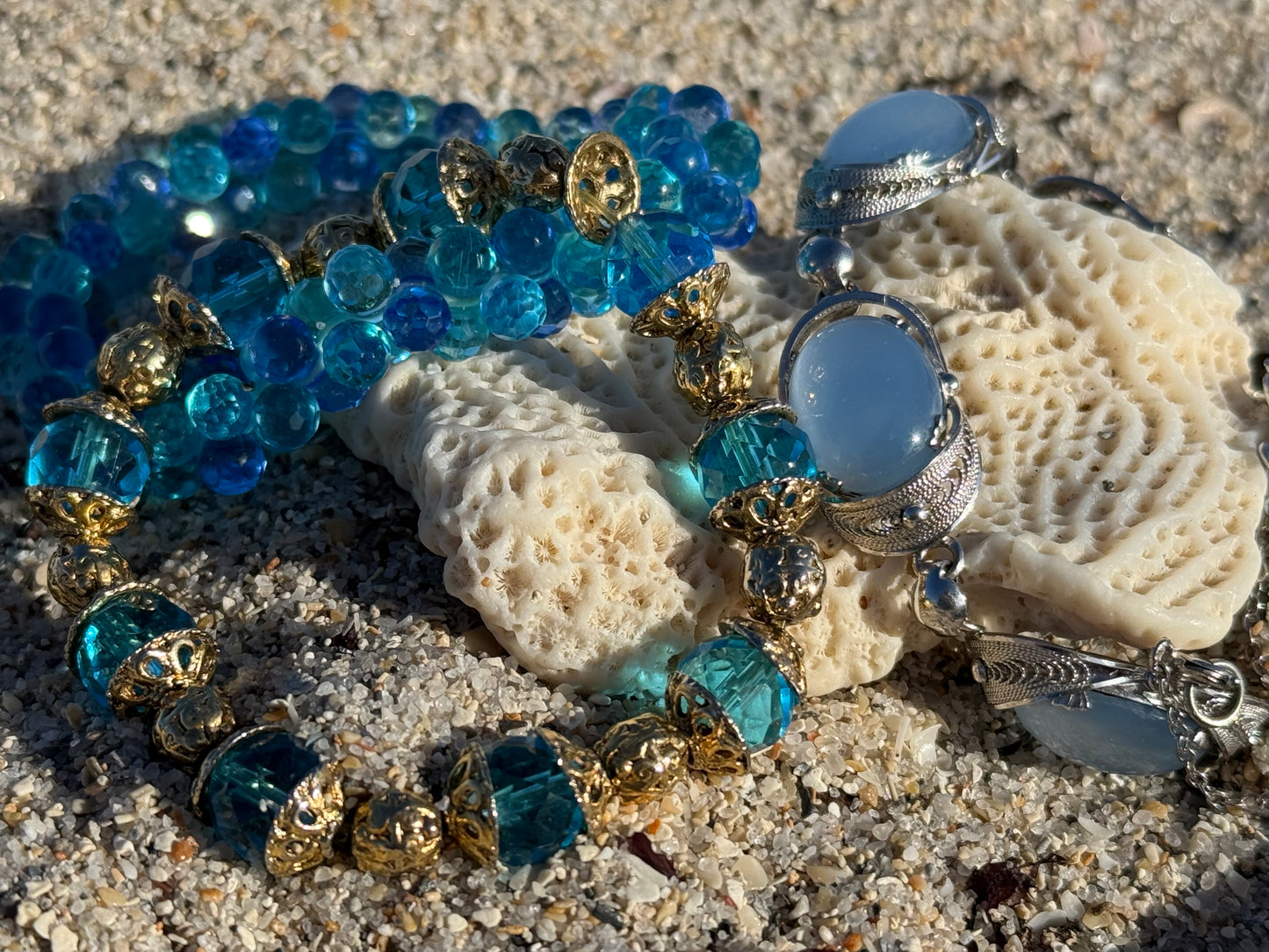 Vintage Alice Caviness Blue Moonstone Glass Bracelet with Silver Filigree