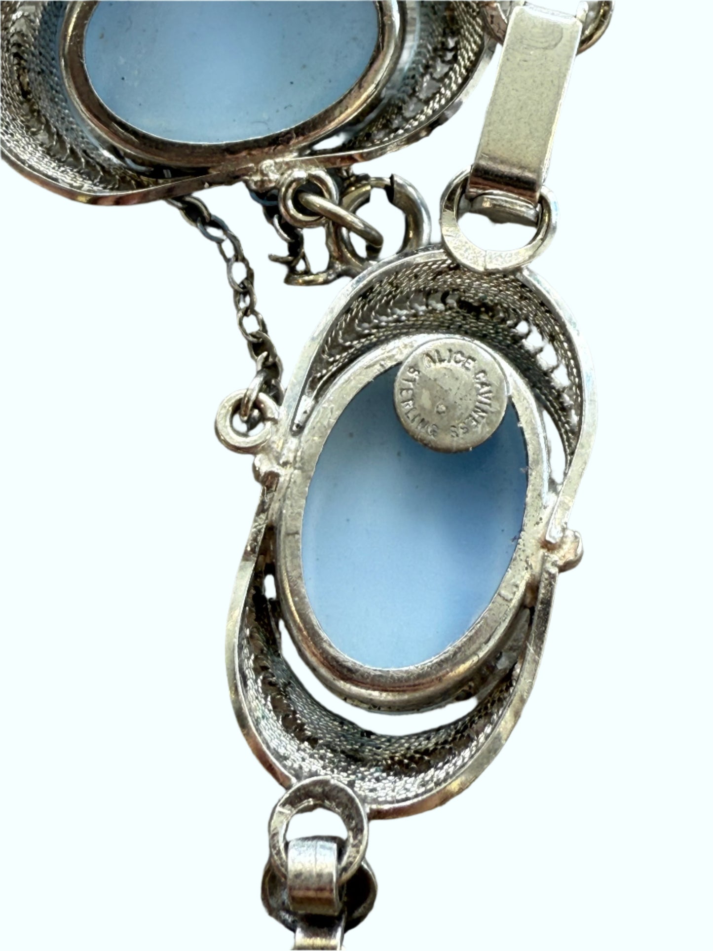 Vintage Alice Caviness Blue Moonstone Glass Bracelet with Silver Filigree