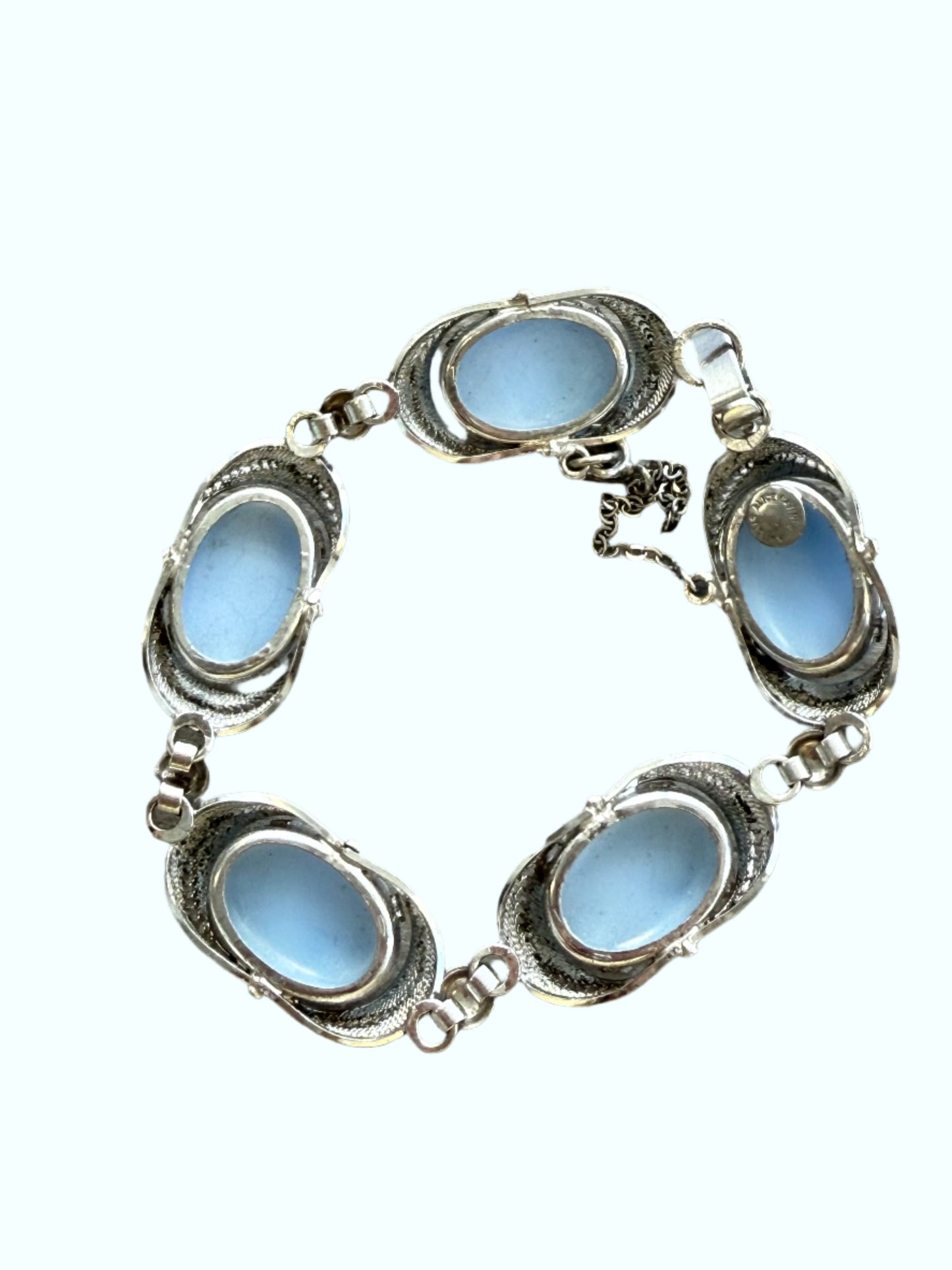Vintage Alice Caviness Blue Moonstone Glass Bracelet with Silver Filigree