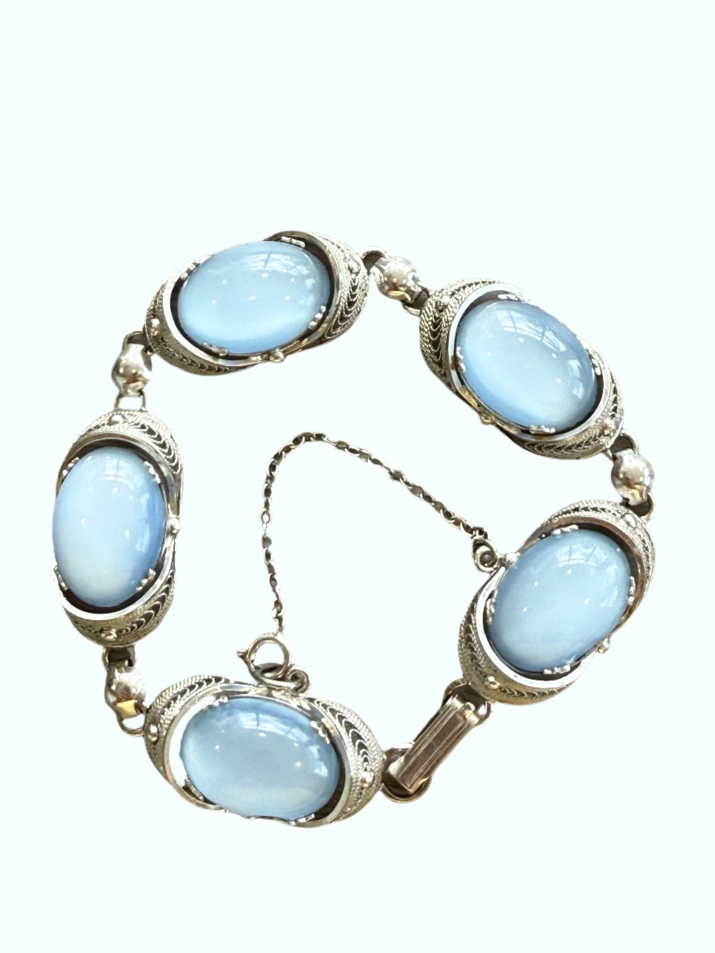 Vintage Alice Caviness Blue Moonstone Glass Bracelet with Silver Filigree