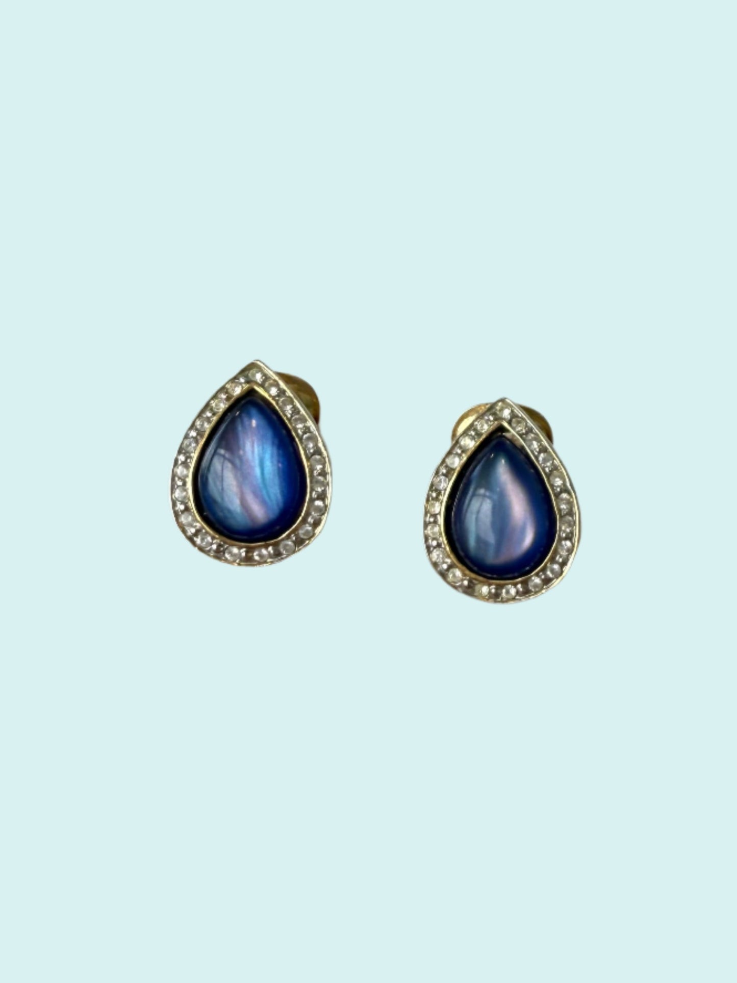 "Raindrop" Blue Moonstone-Like Cabochon Gold Tone Clip-On Earrings with Rhinestones