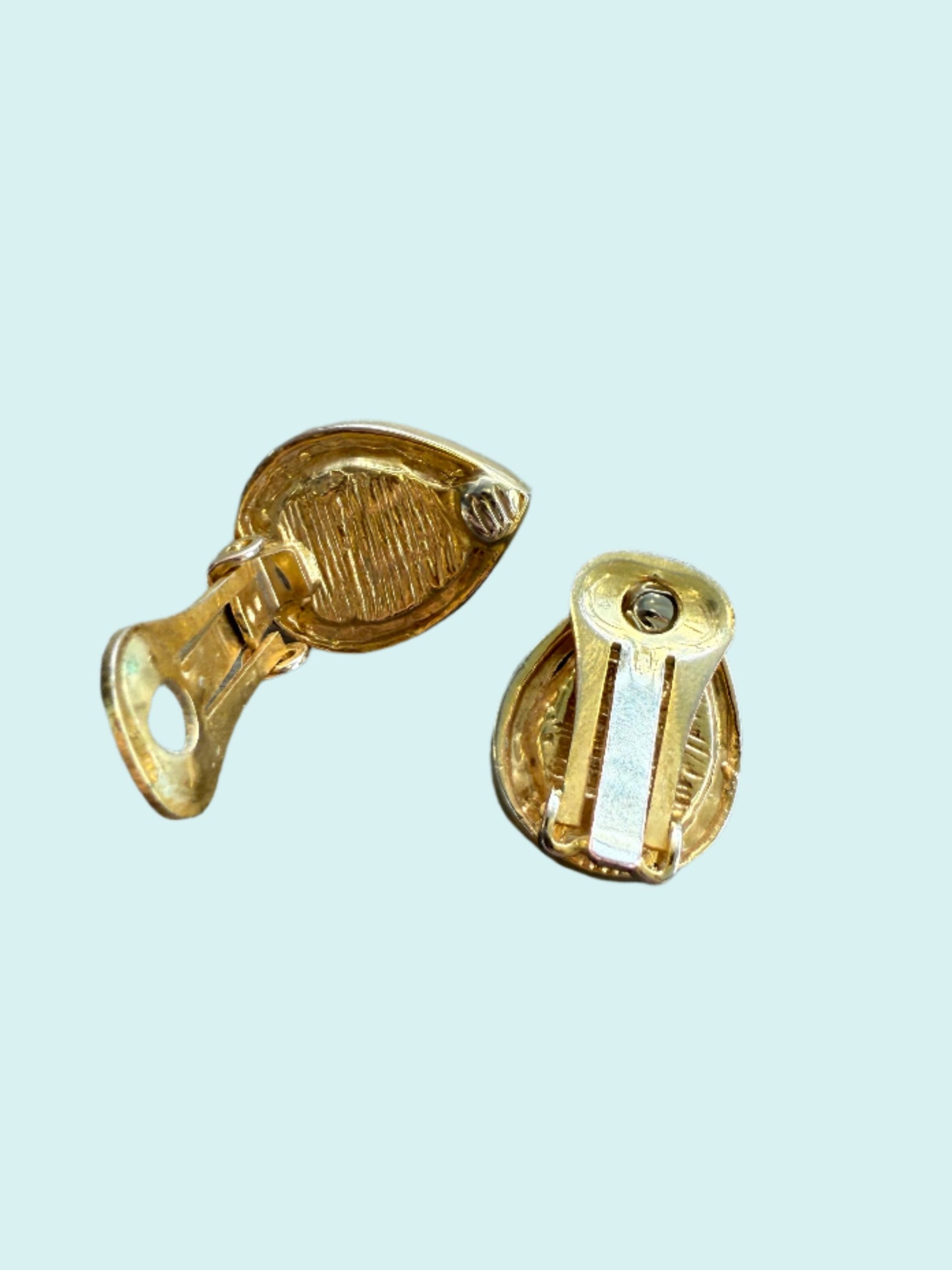 "Raindrop" Blue Moonstone-Like Cabochon Gold Tone Clip-On Earrings with Rhinestones