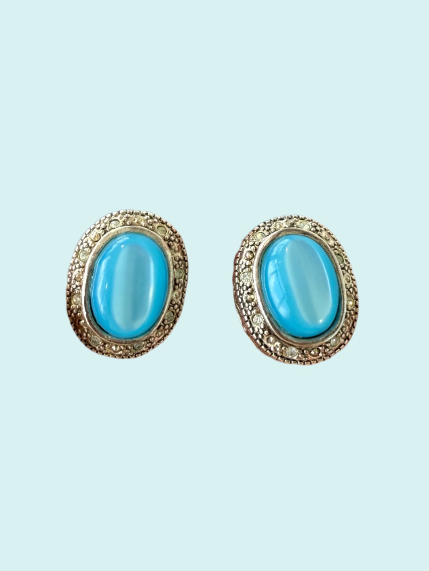 "Glowing Waters" Vintage Clip-On Earrings with Blue Cabochon and Rhinestones Signed Best