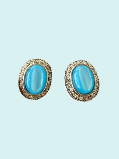"Glowing Waters" Vintage Clip-On Earrings with Blue Cabochon and Rhinestones Signed Best