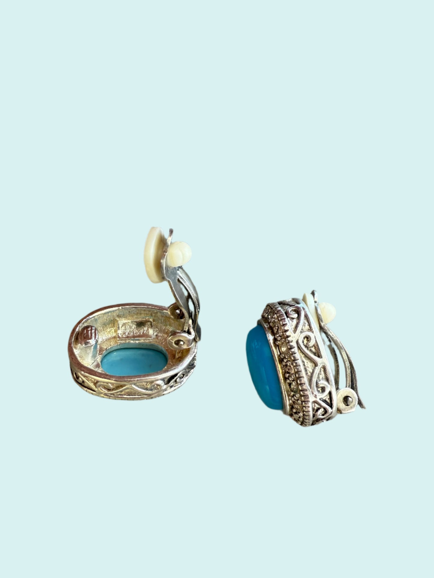 "Glowing Waters" Vintage Clip-On Earrings with Blue Cabochon and Rhinestones Signed Best